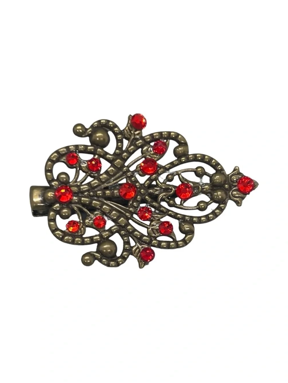 Antique Brass Filigree Brooch with Red Rhinestones FINAL PRICE DROP